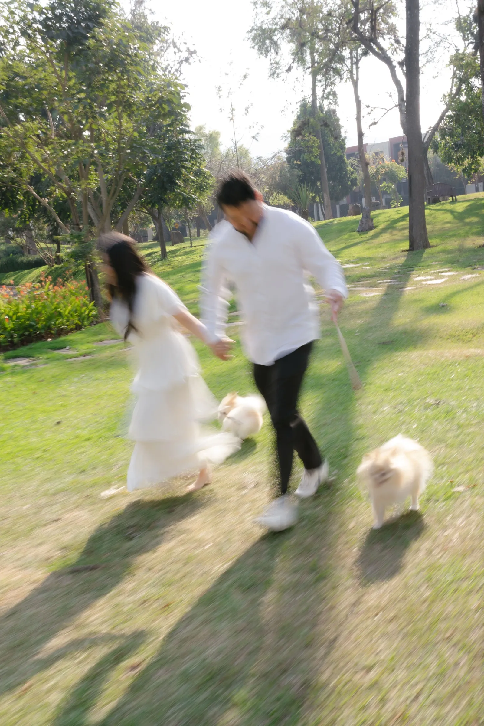 Josué y Katherine caminando por el jardín junto a su perro